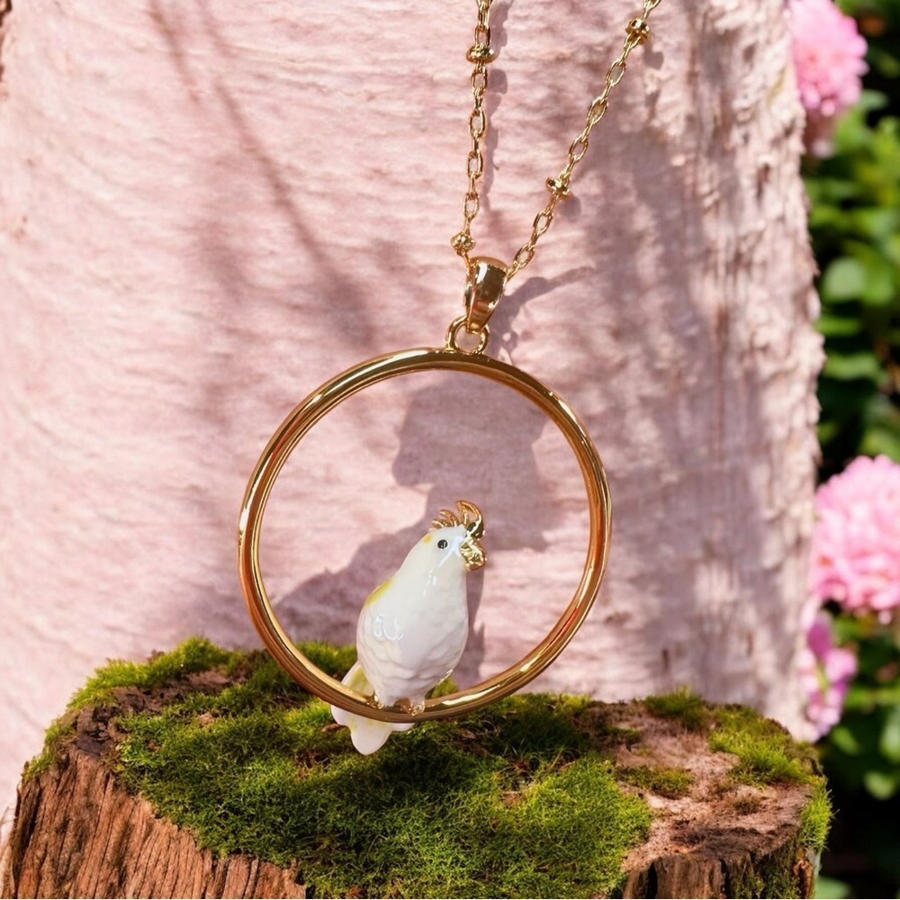 NEW White & Yellow Gold Cockatiel Bird Sitting In A Gold Hoop Pendant Necklace - Picture 7 of 16